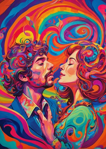 psychedelic art,lsd,two people,man and woman,tango,psychedelic,ecstasy,swirl,couple in love,kaleidoscope art,smoke art,into each other,acid,60s,70s,dancing couple,vintage man and woman,couple - relationship,man and wife,colorful heart,Conceptual Art,Oil color,Oil Color 23