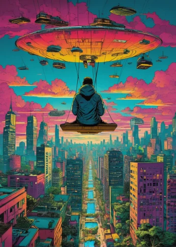 ufo,ufos,valerian,cyberpunk,dystopia,temples,scifi,science fiction,sci - fi,sci-fi,sci fiction illustration,sky city,tokyo city,planet alien sky,tokyo,futuristic landscape,utopian,ufo intercept,metropolis,trip computer,Illustration,American Style,American Style 10