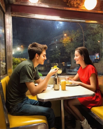 retro diner,diner,before sunrise,drive in restaurant,fast food restaurant,new york restaurant,romantic dinner,date night,date,fifties,romantic scene,romantic night,romantic meeting,subway,yellow cab,young couple,dating,restaurants,as a couple,couple goal,Illustration,Realistic Fantasy,Realistic Fantasy 16