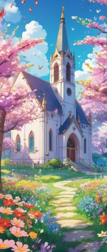 church painting,easter background,springtime background,spring background,church faith,easter banner,church,sakura background,japanese sakura background,easter theme,blooming field,spring blossoms,little church,flower painting,flowers celestial,easter-colors,violet evergarden,holy place,spring morning,churches,Illustration,Japanese style,Japanese Style 03