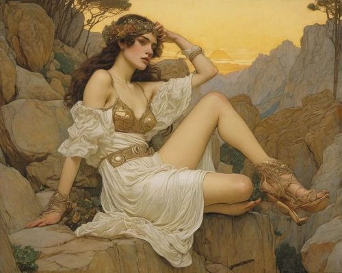 rusalka,lilian gish - female,mucha,venus,emile vernon,young woman,idyll,girl on the river,faun,narcissus,artemisia,the magdalene,woman sitting,girl on the dune,aphrodite,asher durand,psyche,athena,woman at the well,woman playing,Illustration,Retro,Retro 01