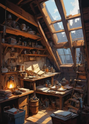 attic,study room,wooden windows,nest workshop,apothecary,alpine hut,treasure house,workbench,house roofs,cold room,cabin,sewing room,roof structures,wooden roof,ancient house,garden shed,the kitchen,attic treasures,classroom,wooden beams,Conceptual Art,Fantasy,Fantasy 08