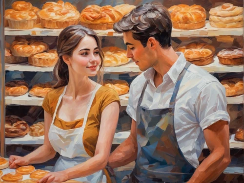 bakery,girl with bread-and-butter,pâtisserie,pan de muerto,knead,pandesal,pastries,young couple,freshly baked buns,pastry shop,pane,bakery products,oil painting,challah,sweet pastries,baking bread,zeppole,ciambella,oil painting on canvas,pan dulce,Conceptual Art,Oil color,Oil Color 10
