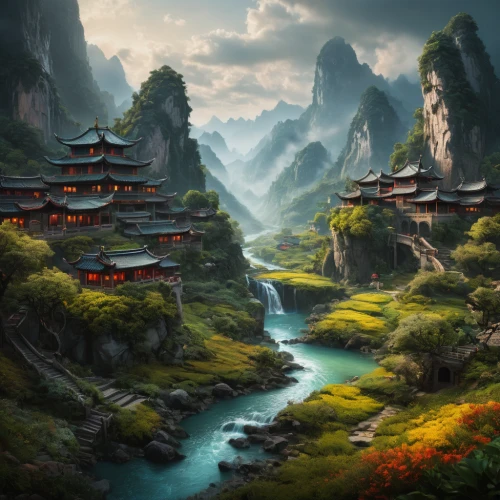 fantasy landscape,chinese temple,chinese architecture,chinese art,yunnan,tigers nest,guizhou,guilin,world digital painting,mountainous landscape,wuyi,mountain settlement,mountain landscape,huangshan maofeng,huashan,fantasy picture,oriental painting,mountain village,danyang eight scenic,zhangjiajie,Photography,General,Fantasy