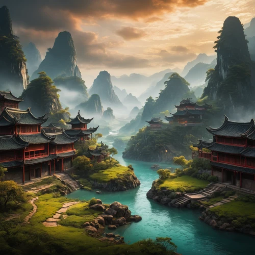 fantasy landscape,chinese temple,chinese architecture,world digital painting,yunnan,guilin,asian architecture,chinese art,chinese clouds,chinese background,landscape background,mountainous landscape,guizhou,wuyi,tigers nest,japan landscape,oriental,ancient city,forbidden palace,mountain landscape,Photography,General,Fantasy