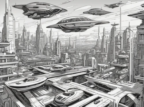 sci fiction illustration,futuristic landscape,sci fi,scifi,sci - fi,sci-fi,space ships,metropolis,futuristic architecture,science-fiction,airships,spaceships,spaceship space,science fiction,city cities,concept art,futuristic,sky space concept,fleet and transportation,ship traffic jam,Illustration,Black and White,Black and White 21