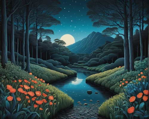 carol colman,moonlit night,night scene,forest landscape,david bates,the night of kupala,fairy forest,forest of dreams,salt meadow landscape,enchanted forest,moonlit,river landscape,carol m highsmith,mushroom landscape,fantasy landscape,nature landscape,fairy world,brook landscape,spring equinox,tulip field,Illustration,Realistic Fantasy,Realistic Fantasy 11