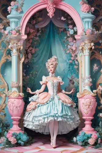 rococo,baroque angel,baroque,doll kitchen,cinderella,fairy tale character,alice,rosa 'the fairy,porcelaine,wonderland,tea party collection,ballerina,stage curtain,music box,fantasia,porcelain dolls,portrait background,flower fairy,porcelain,theater curtain,Conceptual Art,Fantasy,Fantasy 24