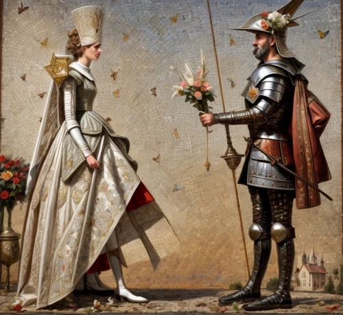accolade,courtship,floral greeting,dispute,fleur-de-lys,joan of arc,épée,wedding couple,flower delivery,young couple,st martin's day,tudor,don quixote,florists,man and wife,the carnival of venice,way of the roses,engagement,sword fighting,carpaccio,Common,Common,Commercial