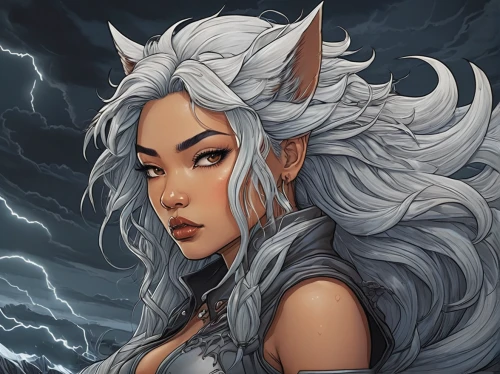 fantasy portrait,silver fox,storm,mara,custom portrait,stormy,ear of the wind,portrait background,huntress,howling wolf,nine-tailed,kitsune,monsoon banner,fantasy art,luna,digital painting,gryphon,feral goat,thunderstorm mood,digital illustration,Illustration,Japanese style,Japanese Style 15