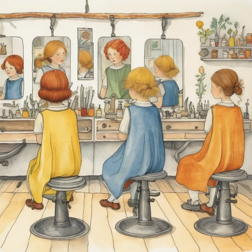 the long-hair cutter,hairdressers,watercolor cafe,barber shop,kate greenaway,hairdressing,barbershop,ginger family,beauty salon,vintage children,sewing pattern girls,doll kitchen,hairdresser,watercolor tea shop,women at cafe,salon,vintage illustration,sewing silhouettes,kids illustration,redheads,Illustration,Realistic Fantasy,Realistic Fantasy 31