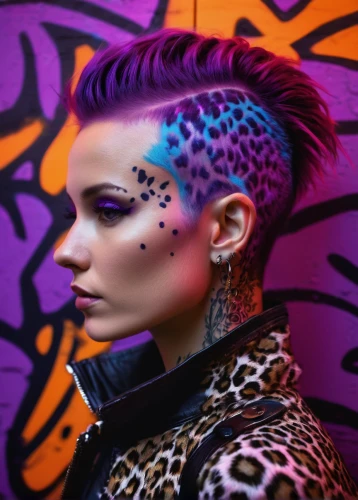 mohawk,punk,punk design,streampunk,cheetah,neon body painting,mohawk hairstyle,leopard head,neon makeup,cyberpunk,harlequin,leopard,tattoo girl,pompadour,stylograph,bodypaint,rockabella,artificial hair integrations,face paint,painted lady,Photography,Artistic Photography,Artistic Photography 10