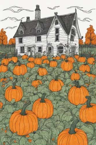 pumpkin patch,halloween illustration,pumpkins,autumn pumpkins,pumpkin autumn,decorative pumpkins,pumkins,halloween poster,pumpkin soup,houses clipart,halloween pumpkin gifts,halloween background,striped pumpkins,mini pumpkins,pumkin,pumpkin,pumpkin heads,halloween line art,halloween scene,gourds,Illustration,Retro,Retro 23