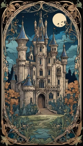 fairy tale castle,fairy tale icons,witch's house,children's fairy tale,haunted castle,art nouveau frame,fairytale castle,ghost castle,witch house,castle of the corvin,halloween frame,fairy tale,fairy tale character,gothic architecture,fairy tales,art nouveau,art nouveau design,art nouveau frames,knight's castle,fantasy world,Illustration,Retro,Retro 13