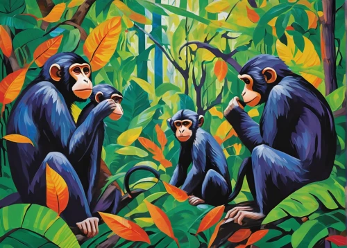 primates,monkeys band,tropical animals,mandrill,monkey family,toucans,monkeys,great apes,bonobo,tropical birds,siamang,banana trees,three monkeys,primate,gibbon 5,monkey gang,tamarin,cercopithecus neglectus,animal zoo,uakari,Conceptual Art,Oil color,Oil Color 24