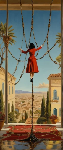 marionette,woman hanging clothes,fantasia,tightrope,flying carpet,puppet theatre,string puppet,pinocchio,hanging geraniums,wind vane,a curtain,cirque du soleil,theater curtain,free land-rose,tightrope walker,four poster,hanged,puppeteer,mediterranean,pendulum,Art,Artistic Painting,Artistic Painting 20