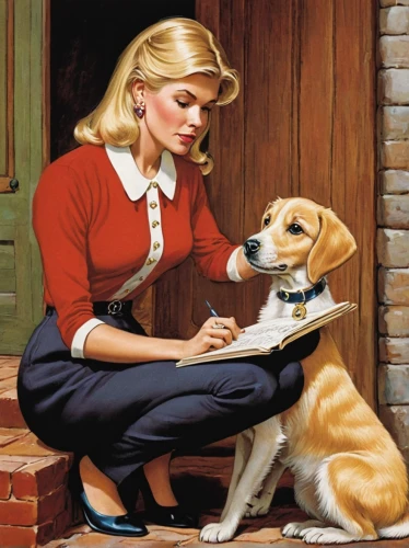 girl with dog,blonde woman reading a newspaper,blonde sits and reads the newspaper,companion dog,puppy pet,female dog,veterinarian,blonde dog,blonde woman,pet,labrador,girl at the computer,boy and dog,service dog,vintage illustration,girl studying,woman holding pie,veterinary,retro women,newspaper delivery,Illustration,Retro,Retro 18