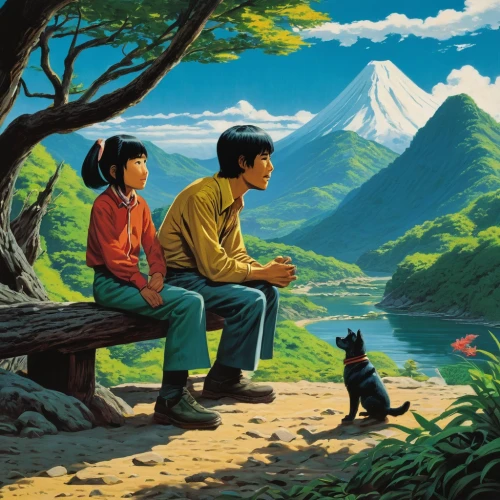 studio ghibli,mountain scene,japanese mountains,shirakami-sanchi,japan landscape,boy and dog,girl and boy outdoor,travelers,mountain world,fuji,ritriver and the cat,fukushima,people in nature,japan,japanese alps,asian vision,my neighbor totoro,the chubu sangaku national park,hokkaido,background image,Conceptual Art,Sci-Fi,Sci-Fi 14