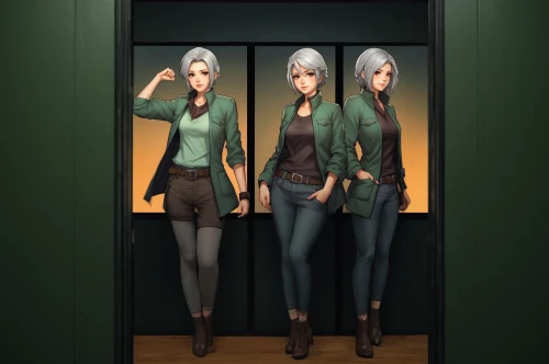 triplet lily,mirror image,clover jackets,clover frame,mirrored,fashion dolls,armoire,mirror reflection,the long-hair cutter,doll looking in mirror,women's clothing,mirrors,custom portrait,gray-green,elevator,mirror frame,elevators,fashionable clothes,designer dolls,clones