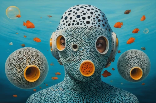 diving mask,psychedelic art,snorkeling,diving helmet,surrealism,trypophobia,percolator,coral-spot,scuba,aquanaut,sea god,under sea,barnacles,the people in the sea,diving bell,deep sea diving,freediving,coral guardian,undersea,bottlenose,Illustration,Realistic Fantasy,Realistic Fantasy 24