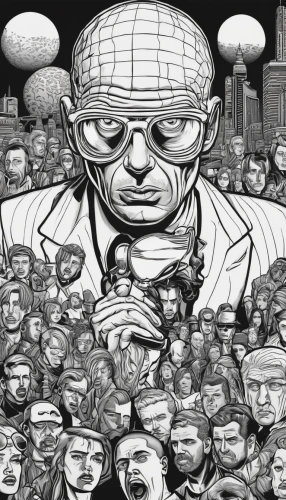 panopticon,spectacle,corporation,the illusion,see no evil,sci fiction illustration,white-collar worker,spy-glass,society,individuals,heads,workforce,seven citizens of the country,cartoon people,optician,escher,audience,erich honecker,mankind,politician,Illustration,Black and White,Black and White 18