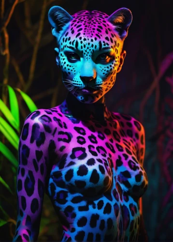 cheetah,neon body painting,jaguar,panther,leopard,felidae,safari,cub,canis panther,cougar,disco,neon,leopard head,african leopard,puma,3d render,cheetahs,neon light,spots,bodypaint,Photography,Artistic Photography,Artistic Photography 10