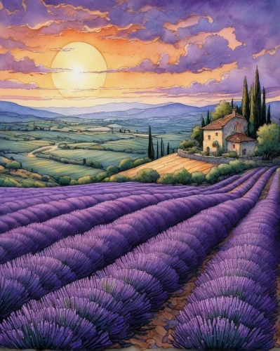 lavender field,lavender fields,provence,purple landscape,la violetta,the lavender flower,lavender cultivation,lavenders,lavendar,tuscan,lavender flowers,lavander,french lavender,lavender flower,lavandula,lavender,valensole,tuscany,italian painter,egyptian lavender,Illustration,Paper based,Paper Based 29