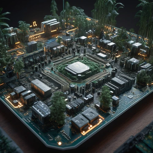 solar cell base,circuit board,industrial plant,mining facility,artificial island,data center,industrial area,juice plant,3d render,industrial landscape,power plant,terrarium,holiday complex,forest ground,campground,apartment complex,factories,heavy water factory,powerplant,motherboard,Photography,General,Sci-Fi