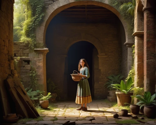 woman at the well,girl studying,digital compositing,world digital painting,girl in a historic way,girl with bread-and-butter,hobbiton,mystical portrait of a girl,merida,merchant,girl in the kitchen,sci fiction illustration,ancient house,the threshold of the house,italian painter,little girl reading,apothecary,fantasy picture,digital painting,girl in the garden,Art,Classical Oil Painting,Classical Oil Painting 41