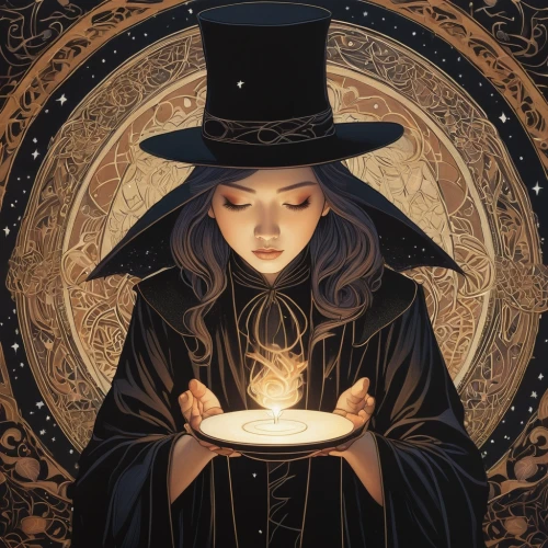 magician,black hat,witch,hatter,fortune teller,candlemaker,watchmaker,divination,clockmaker,witch's hat,the witch,witch hat,sorceress,bowler hat,ringmaster,the hat of the woman,fortune telling,apothecary,magic grimoire,black candle,Illustration,Japanese style,Japanese Style 15
