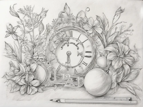 still life with onions,still life,clock,pencil drawings,still-life,ornate pocket watch,pencil drawing,pencil and paper,clock face,old clock,grandfather clock,pocket watch,graphite,still life of spring,clockmaker,pencil art,vintage drawing,four o'clock flower,summer still-life,clocks,Illustration,Black and White,Black and White 30