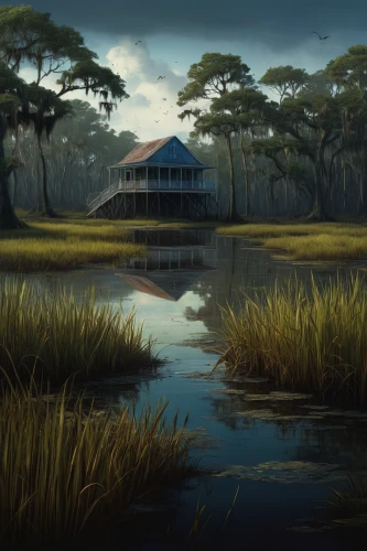 bayou,freshwater marsh,swampy landscape,tidal marsh,bodie island,house with lake,wetlands,alligator alley,house by the water,boathouse,bayou la batre,backwater,house in the forest,marsh,swamp,the ugly swamp,wetland,an island far away landscape,golden pavilion,florida home,Conceptual Art,Fantasy,Fantasy 16