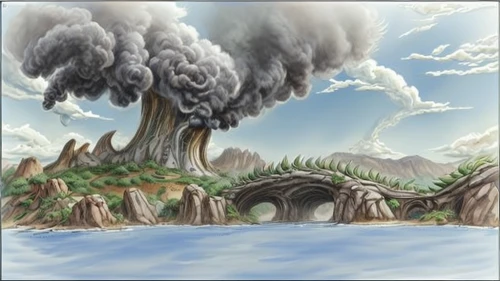 volcanic landscape,mushroom island,volcanism,mushroom landscape,aeolian landform,krafla volcano,terraforming,volcanic field,devilwood,swampy landscape,environmental destruction,an island far away landscape,deforested,floating islands,volcanic landform,karst landscape,cd cover,scorched earth,post-apocalyptic landscape,fukushima