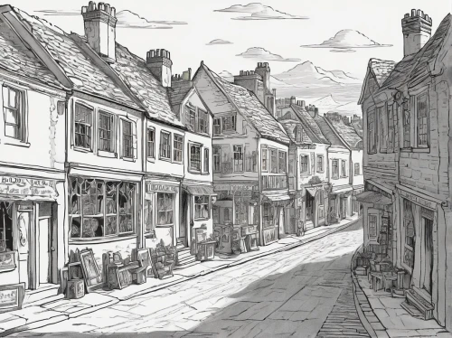the cobbled streets,shaftesbury,townscape,medieval street,york,eastgate street chester,lovat lane,falkland,old street,otley,half-timbered houses,townhouses,stirling town,brixlegg,narrow street,cobbles,oxford,medieval town,cobble,robin hood's bay,Illustration,Retro,Retro 22