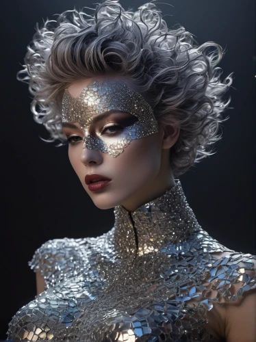 masquerade,silver,metallic,metallic feel,fantasy portrait,silvery,silversmith,light mask,gradient mesh,cosmetic,crown render,foil and gold,silver lacquer,fantasy woman,silver pieces,gold mask,drusy,silver seagull,foil,3d fantasy,Photography,Artistic Photography,Artistic Photography 11