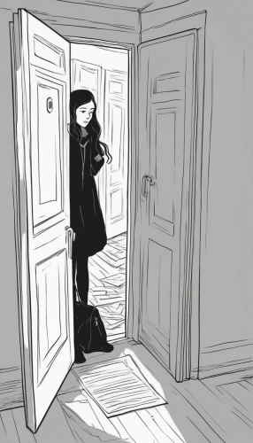 door husband,in the door,creepy doorway,open door,door,the door,black coat,doorway,armoire,home door,pantry,threshold,doors,cold room,door key,door lock,doorknob,the threshold of the house,empty room,long coat,Illustration,Black and White,Black and White 02