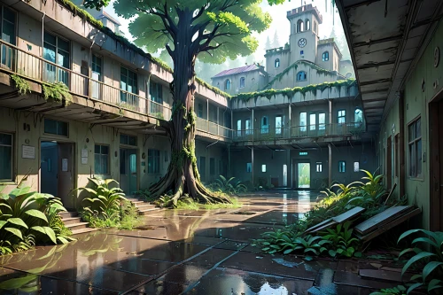 dormitory,abandoned place,violet evergarden,apartment house,lostplace,hashima,greenhouse,lost place,house in the forest,rainforest,rain forest,dandelion hall,tropical house,studio ghibli,abandoned places,abandoned,apartment complex,conservatory,rainy season,courtyard,Anime,Anime,General