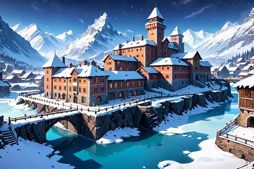 alpine village,winter village,peter-pavel's fortress,hamelin,ice castle,castle of the corvin,medieval castle,winter background,hogwarts,castel,winter landscape,alpine region,fairy tale castle,winter house,knight's castle,medieval town,the alps,bethlen castle,ski resort,snow house,Anime,Anime,General