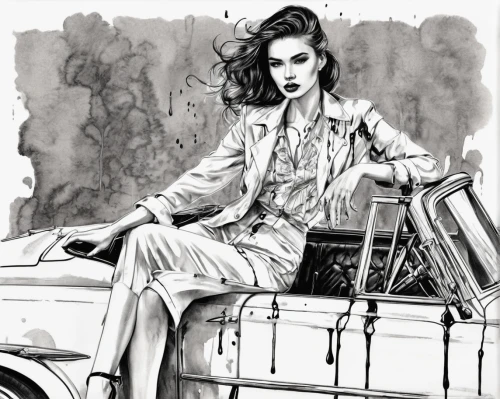 fashion illustration,vintage drawing,car drawing,vintage woman,fashion sketch,elle driver,girl and car,ink painting,woman in the car,vintage women,vintage girl,vintage fashion,girl in car,watercolor pin up,vintage style,50's style,charcoal drawing,pencil drawings,retro woman,retro women,Illustration,Black and White,Black and White 34
