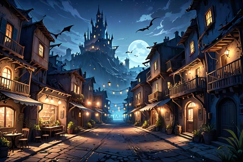 medieval street,fantasy city,knight village,medieval town,hamelin,aurora village,old town,3d fantasy,fantasy world,night scene,the cobbled streets,escher village,the old town,fantasy picture,old city,townscape,fairy tale castle,fantasy landscape,marketplace,night image,Anime,Anime,General