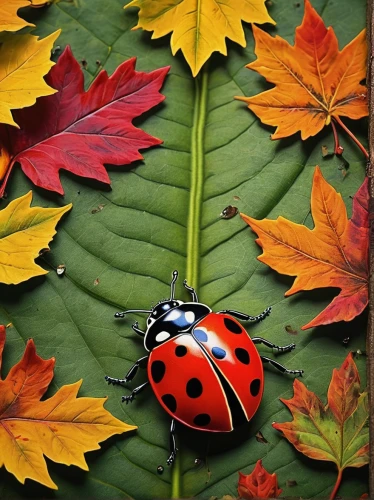 ladybug,two-point-ladybug,leaf beetle,ladybird beetle,asian lady beetle,ladybird,lady bug,ladybugs,rose beetle,coccinellidae,garden leaf beetle,harlequin cabbage bug,hatching ladybug,autumn background,red bugs,forest beetle,autumn jewels,autumn pattern,leaf background,autumn decoration,Conceptual Art,Graffiti Art,Graffiti Art 12