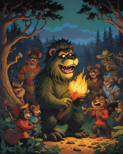 druid grove,campfire,woodland animals,game illustration,monkey island,the bears,campfires,druids,frog gathering,kids illustration,little bear,bear guardian,torchlight,trolls,forest animals,pine family,werewolves,bears,children's background,children's fairy tale,Conceptual Art,Daily,Daily 08