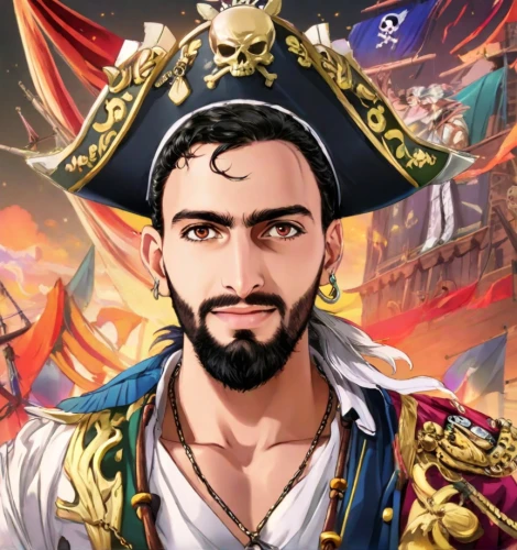 pirate,cg artwork,admiral von tromp,pirates,galleon,portrait background,conquistador,bandana background,pirate treasure,french digital background,sultan,napoleon bonaparte,game illustration,francisco,wuchang,captain,custom portrait,piracy,android game,caravel