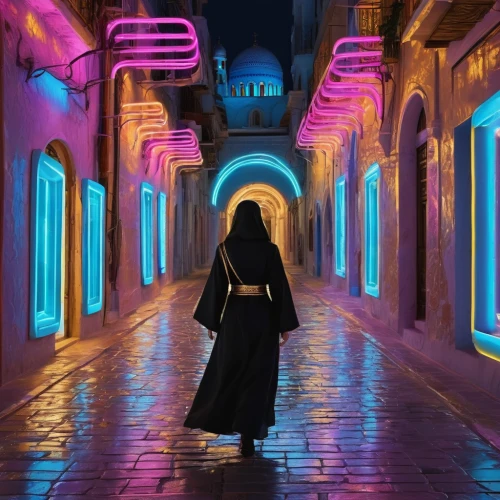 abaya,dubai,doha,jbr,dubai desert,girl walking away,souq,nizwa souq,qatar,dhabi,dubai garden glow,woman walking,wallpaper dubai,pink city,nizwa,world digital painting,medina,neon ghosts,souk,bazaar,Illustration,Realistic Fantasy,Realistic Fantasy 43