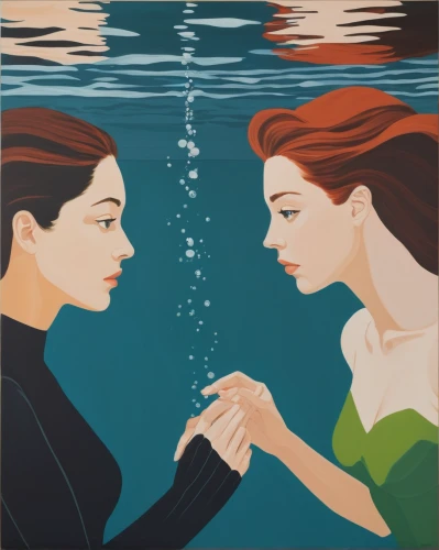 water connection,oil painting on canvas,the people in the sea,sirens,mermaid vectors,two girls,oil on canvas,cd cover,into each other,swimming people,fire and water,the hands embrace,dispute,two fish,in water,two people,pisces,under the water,synchronized swimming,hands holding,Conceptual Art,Oil color,Oil Color 13