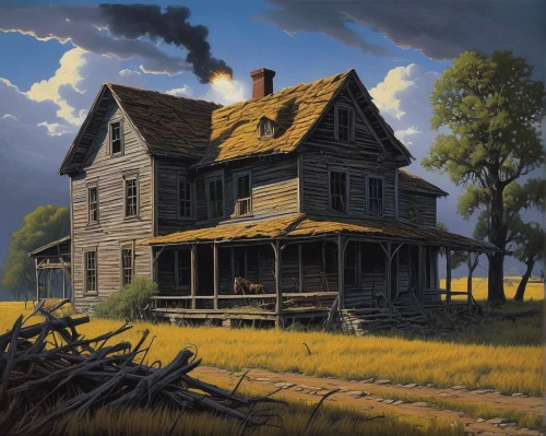 homestead,old house,lonely house,home landscape,country cottage,ancient house,country house,witch house,farmstead,witch's house,old home,farm house,abandoned house,farmhouse,wooden house,john day,rural landscape,log home,summer cottage,woman house,Illustration,Retro,Retro 14