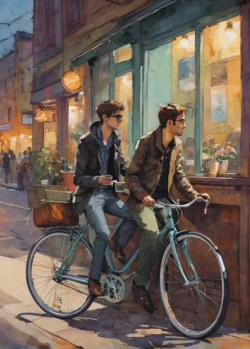 bicycle ride,tandem bicycle,bicycles,bicycle,tandem bike,bicycling,cyclists,bike tandem,bicycle riding,city bike,bikes,artistic cycling,paris cafe,bike ride,biking,street cafe,cyclist,watercolor cafe,delivery service,cycling,Illustration,Paper based,Paper Based 05