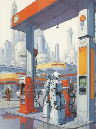 petrol pump,gas-station,gas station,electric gas station,e-gas station,gas pump,filling station,convenience store,refinery,gas-filled,sci fiction illustration,gas planet,petrolium,droids,disney baymax,robots,retro diner,scifi,taxi stand,bb8-droid,Illustration,Realistic Fantasy,Realistic Fantasy 04