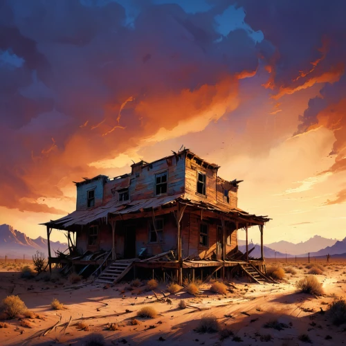 wasteland,lonely house,desert landscape,post-apocalyptic landscape,wild west hotel,desert desert landscape,dunes house,wild west,arid landscape,lostplace,ancient house,home landscape,the desert,abandoned place,ghost town,abandoned,homestead,desolation,abandoned house,lost place,Conceptual Art,Sci-Fi,Sci-Fi 01