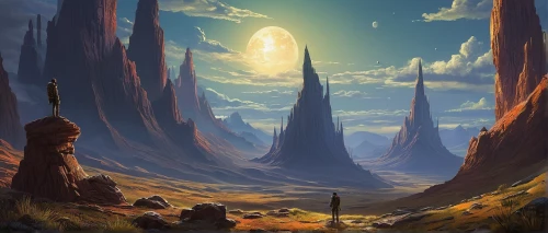 fantasy landscape,futuristic landscape,desert landscape,mushroom landscape,desert desert landscape,alien world,desert planet,alien planet,barren,plains,canyon,guards of the canyon,valley of the moon,the desert,lunar landscape,dune landscape,arid landscape,high landscape,desert,world digital painting,Art,Classical Oil Painting,Classical Oil Painting 23